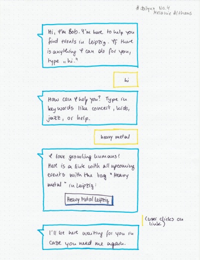 Chatbot flow written out by hand for a person that searches for events linked to heavy metal.