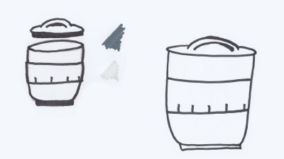 Sketches of my perfect teacup with a lid, no cup handle, and a silicone band around the cup with cuts.