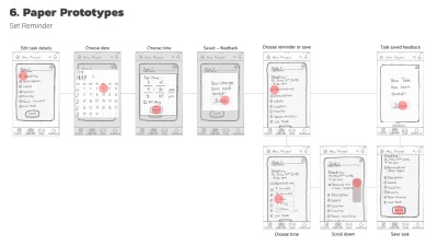 Paper prototypes for mobile view. Goal: Add a deadline to your task and set a reminder.