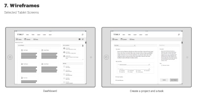 Wireframes for tablet screens: dashboard and creating a new project.