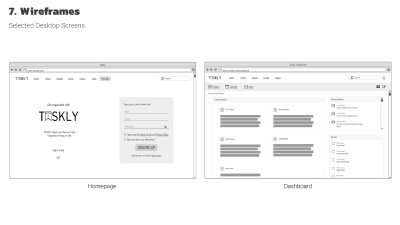 Wireframes for desktop screens: homepage and dashboard.