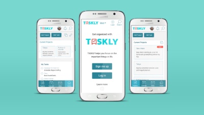Three smartphones on a turquoise background showing the home page, dashboard, and projects overview.