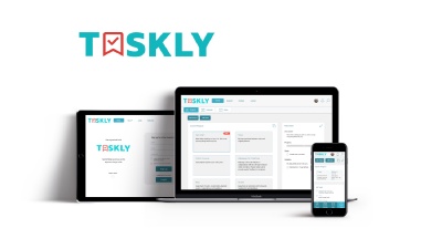 A photo of a tablet, notebook, and smartphone showing different screens of Taskly.