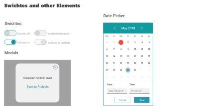 Style guide for switches, modals, and date picker.
