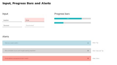 Style guide for inputs, progress bars, and alerts.