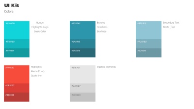 Color scheme. The colors are turqoise, two shades of greyish blue, coral red, and silver-grey. Each color has two darker shades.