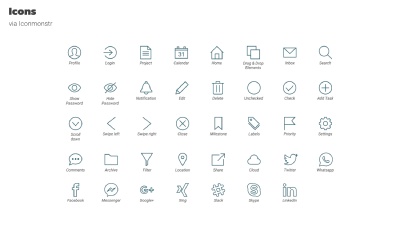The icons are by iconmonstr.com. They are lightweight of a darker blue from the color scheme. Each icon has their name or purpose written beneath.