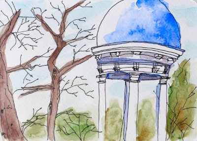 Watercolor and ink sketch of a white pavillion with blue shadows. The trees in the background don't carry leaves, the sky is greyish.