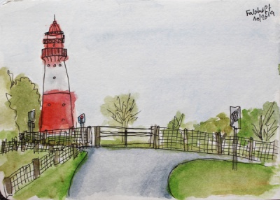 Watercolor and black ink sketch of the lighthouse in Falsöft and a road leading to it.