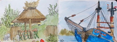 Watercolor and black ink sketches of a beach bar with lots of greens in the background and a blue sailing ship.