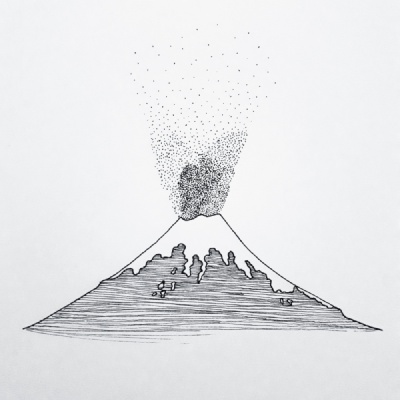 Black ink drawing of a volcano spewing ash in the air.