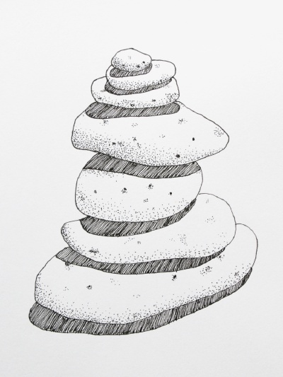 Black ink drawing of stones stacked onto each other.