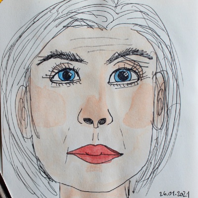 Sketch of a white woman with blue eyes and white hair.