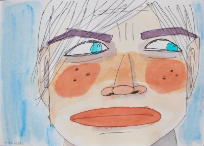 Sketch of a young man with light blue eyes and big lips. He is looking to the side and seems to be angry.
