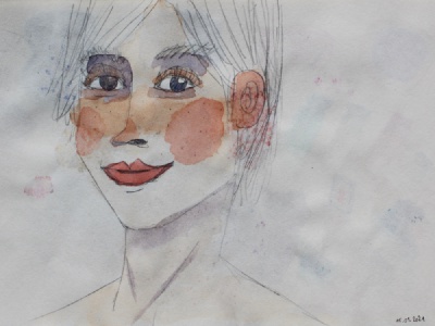 Sketch with pencil and watercolor of a young woman with short hair. The paper is thin and crinkles because of the water used.