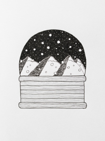 Black ink drawing of a snow globe with mountains and sow falling.
