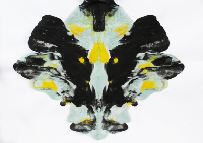 Abstract acrylic picture in black, very cool mint and cool yellow.