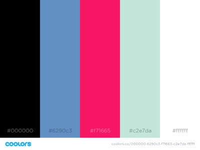 Color Scheme for the landing page, made with coolors.co: black, lavender blue, reddish pink, mint, and white.