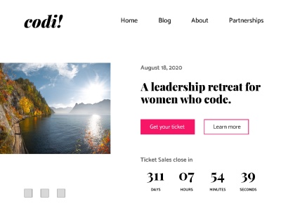 The original design for the top of the landing page. I wanted to include a timer for the time left until the event started.