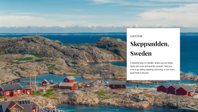 Desktop Screenshot of the Landing Page: Information about the location and a stunning picture of a swedish village on a coast.